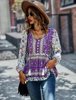 Best Women's Shirt Boho Shirt Lace Shirt Blouse Fashion Floral Lace up Print Long Sleeve Regular Tops V Neck Casual Holiday Red Navy Blue Blue Purple Green Spring & Fall Women Spring Tops|Boho Tops