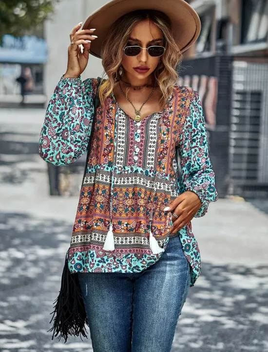 Best Women's Shirt Boho Shirt Lace Shirt Blouse Fashion Floral Lace up Print Long Sleeve Regular Tops V Neck Casual Holiday Red Navy Blue Blue Purple Green Spring & Fall Women Spring Tops|Boho Tops