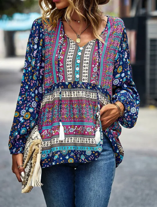 Best Women's Shirt Boho Shirt Lace Shirt Blouse Fashion Floral Lace up Print Long Sleeve Regular Tops V Neck Casual Holiday Red Navy Blue Blue Purple Green Spring & Fall Women Spring Tops|Boho Tops