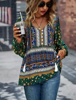 Best Women's Shirt Boho Shirt Lace Shirt Blouse Fashion Floral Lace up Print Long Sleeve Regular Tops V Neck Casual Holiday Red Navy Blue Blue Purple Green Spring & Fall Women Spring Tops|Boho Tops