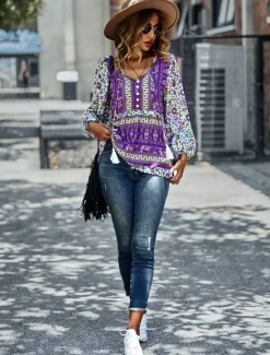 Best Women's Shirt Boho Shirt Lace Shirt Blouse Fashion Floral Lace up Print Long Sleeve Regular Tops V Neck Casual Holiday Red Navy Blue Blue Purple Green Spring & Fall Women Spring Tops|Boho Tops