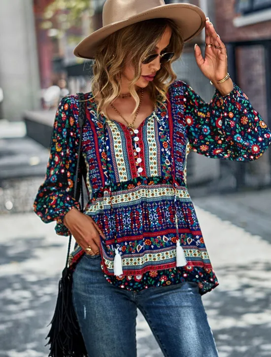 Best Women's Shirt Boho Shirt Lace Shirt Blouse Fashion Floral Lace up Print Long Sleeve Regular Tops V Neck Casual Holiday Red Navy Blue Blue Purple Green Spring & Fall Women Spring Tops|Boho Tops