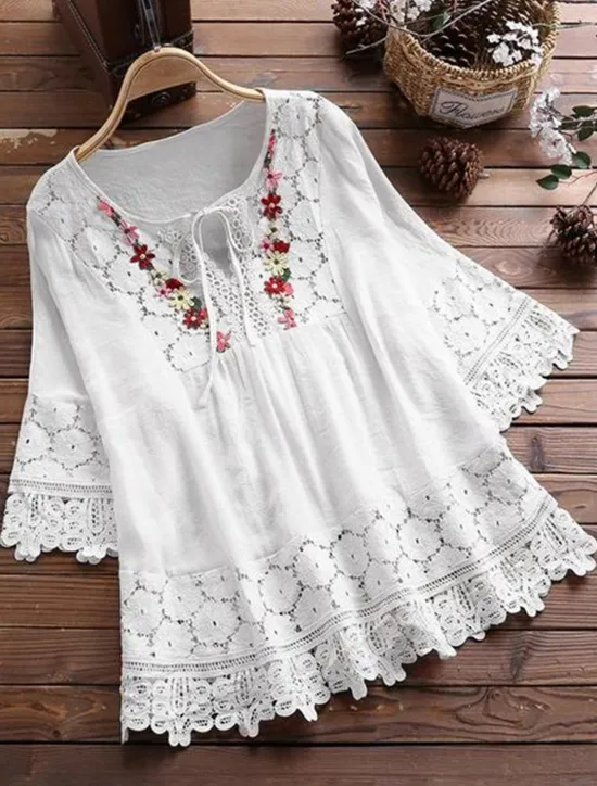Discount Women's Shirt Boho Shirt Lace Shirt Blouse Floral Fashion Round Neck Street Daily Lace up Lace White Pink Blue Purple Green Summer Women Shirts|Boho Tops