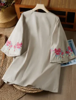 Women's Shirt Boho Shirt Linen-Inspired Shirts Dressy Tops Solid Color Floral Casual Boho 3/4 Length Sleeve Elbow Sleeve Bell Sleeve V Neck Long Tops Vacation Party Daily Embroidered Autumn Women Shirts