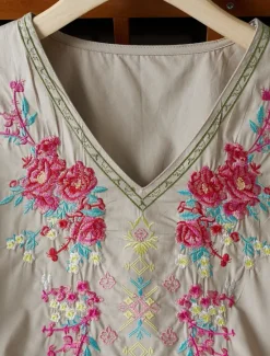 Women's Shirt Boho Shirt Linen-Inspired Shirts Dressy Tops Solid Color Floral Casual Boho 3/4 Length Sleeve Elbow Sleeve Bell Sleeve V Neck Long Tops Vacation Party Daily Embroidered Autumn Women Shirts