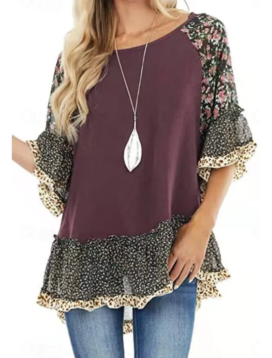 Women's Shirt Boho Shirt Tunic Blouse Floral Leopard Streetwear Casual 3/4 Length Sleeve Round Neck Regular Tops Daily Weekend Ruffle Print Flowing tunic Black White Light Green Blue Fuchsia Women Boho Tops