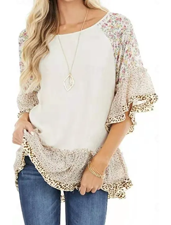 Women's Shirt Boho Shirt Tunic Blouse Floral Leopard Streetwear Casual 3/4 Length Sleeve Round Neck Regular Tops Daily Weekend Ruffle Print Flowing tunic Black White Light Green Blue Fuchsia Women Boho Tops