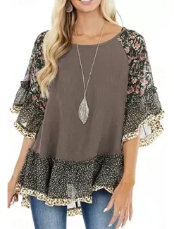 Women's Shirt Boho Shirt Tunic Blouse Floral Leopard Streetwear Casual 3/4 Length Sleeve Round Neck Regular Tops Daily Weekend Ruffle Print Flowing tunic Black White Light Green Blue Fuchsia Women Boho Tops