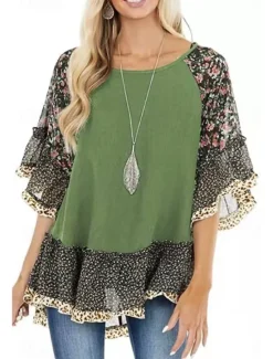 Women's Shirt Boho Shirt Tunic Blouse Floral Leopard Streetwear Casual 3/4 Length Sleeve Round Neck Regular Tops Daily Weekend Ruffle Print Flowing tunic Black White Light Green Blue Fuchsia Women Boho Tops