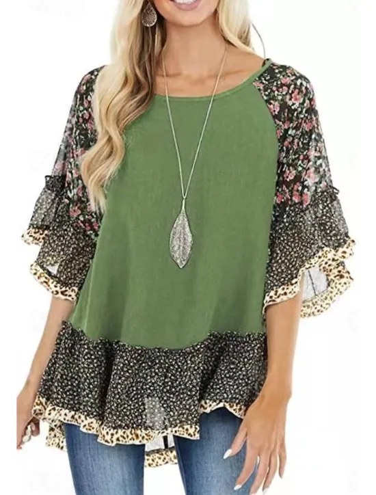 Women's Shirt Boho Shirt Tunic Blouse Floral Leopard Streetwear Casual 3/4 Length Sleeve Round Neck Regular Tops Daily Weekend Ruffle Print Flowing tunic Black White Light Green Blue Fuchsia Women Boho Tops