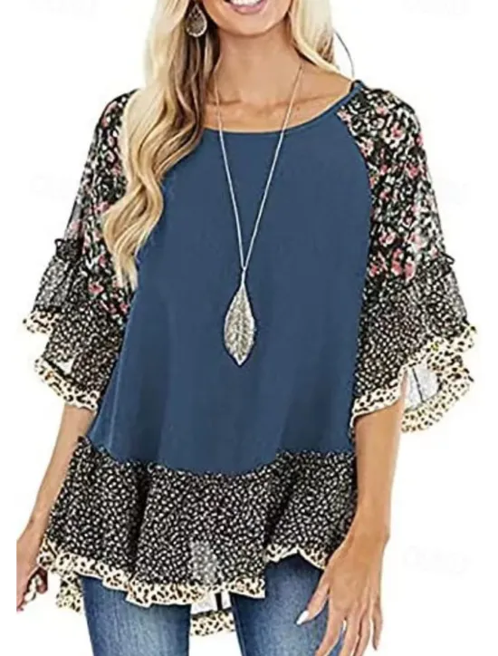 Women's Shirt Boho Shirt Tunic Blouse Floral Leopard Streetwear Casual 3/4 Length Sleeve Round Neck Regular Tops Daily Weekend Ruffle Print Flowing tunic Black White Light Green Blue Fuchsia Women Boho Tops