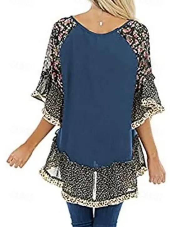 Women's Shirt Boho Shirt Tunic Blouse Floral Leopard Streetwear Casual 3/4 Length Sleeve Round Neck Regular Tops Daily Weekend Ruffle Print Flowing tunic Black White Light Green Blue Fuchsia Women Boho Tops