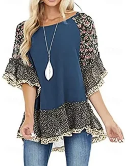 Women's Shirt Boho Shirt Tunic Blouse Floral Leopard Streetwear Casual 3/4 Length Sleeve Round Neck Regular Tops Daily Weekend Ruffle Print Flowing tunic Black White Light Green Blue Fuchsia Women Boho Tops