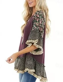 Women's Shirt Boho Shirt Tunic Blouse Floral Leopard Streetwear Casual 3/4 Length Sleeve Round Neck Regular Tops Daily Weekend Ruffle Print Flowing tunic Black White Light Green Blue Fuchsia Women Boho Tops