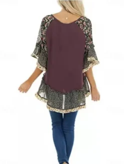Women's Shirt Boho Shirt Tunic Blouse Floral Leopard Streetwear Casual 3/4 Length Sleeve Round Neck Regular Tops Daily Weekend Ruffle Print Flowing tunic Black White Light Green Blue Fuchsia Women Boho Tops