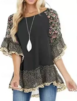 Women's Shirt Boho Shirt Tunic Blouse Floral Leopard Streetwear Casual 3/4 Length Sleeve Round Neck Regular Tops Daily Weekend Ruffle Print Flowing tunic Black White Light Green Blue Fuchsia Women Boho Tops