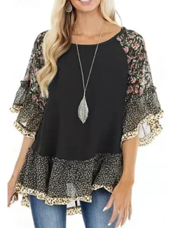 Women's Shirt Boho Shirt Tunic Blouse Floral Leopard Streetwear Casual 3/4 Length Sleeve Round Neck Regular Tops Daily Weekend Ruffle Print Flowing tunic Black White Light Green Blue Fuchsia Women Boho Tops