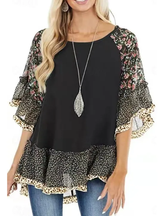 Women's Shirt Boho Shirt Tunic Blouse Floral Leopard Streetwear Casual 3/4 Length Sleeve Round Neck Regular Tops Daily Weekend Ruffle Print Flowing tunic Black White Light Green Blue Fuchsia Women Boho Tops