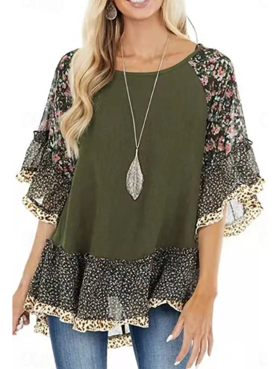 Women's Shirt Boho Shirt Tunic Blouse Floral Leopard Streetwear Casual 3/4 Length Sleeve Round Neck Regular Tops Daily Weekend Ruffle Print Flowing tunic Black White Light Green Blue Fuchsia Women Boho Tops