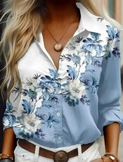Clearance Women's Shirt Button Down Tunic Shirt Collar Long Sleeve Floral Graphic Casual Regular Tops Work Daily s Print Pink Blue Green Spring Fall Winter Women Blouses & Shirts