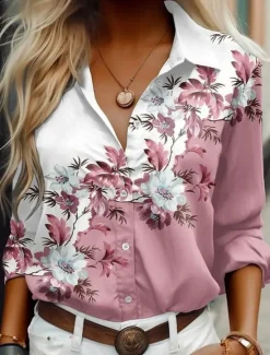 Clearance Women's Shirt Button Down Tunic Shirt Collar Long Sleeve Floral Graphic Casual Regular Tops Work Daily s Print Pink Blue Green Spring Fall Winter Women Blouses & Shirts