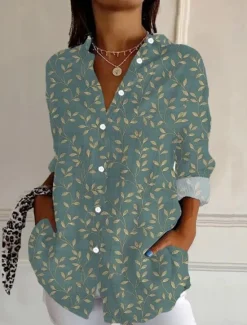 Best Women's Shirt Button Down Tunic Shirt Collar Long Sleeve Floral Graphic Geometric Casual Regular Tops Work Daily s Print White Pink Sky Blue Green Rose Pink Spring Fall Winter Women Boho Tops