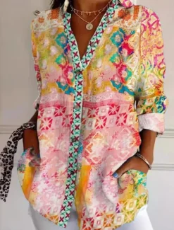 Best Women's Shirt Button Down Tunic Shirt Collar Long Sleeve Floral Graphic Geometric Casual Regular Tops Work Daily s Print White Pink Sky Blue Green Rose Pink Spring Fall Winter Women Boho Tops