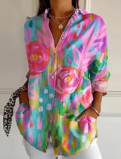 Best Women's Shirt Button Down Tunic Shirt Collar Long Sleeve Floral Graphic Geometric Casual Regular Tops Work Daily s Print White Pink Sky Blue Green Rose Pink Spring Fall Winter Women Boho Tops