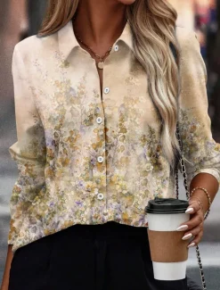 Hot Women's Shirt Button Down Tunic Shirt Collar Long Sleeve Fashion Floral s Print Regular Tops Casual Holiday Blue Green Khaki Spring & Fall Women Spring Tops