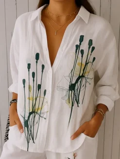 Women's Shirt Button Down Tunic Shirt Collar Long Sleeve Beach Shirt Floral Graphic Elegant Vintage Tropical Bishop Sleeve Regular Tops Daily Holiday Yellow Green Spring Women Blouses & Shirts