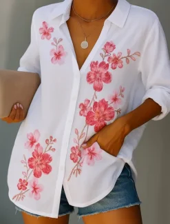 Hot Women's Shirt Button Down Tunic Shirt Collar Long Sleeve Beach Shirt Floral Graphic Elegant Vintage Tropical Bishop Sleeve Regular Tops Daily Holiday Red Blue Spring Women Blouses & Shirts