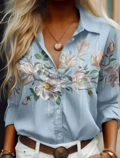 Women's Shirt Button Down Tunic Shirt Collar Long Sleeve Floral Graphic Casual Regular Tops Work Daily s Print Blue Purple Green Spring Fall Winter Women Blouses & Shirts