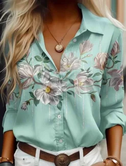Women's Shirt Button Down Tunic Shirt Collar Long Sleeve Floral Graphic Casual Regular Tops Work Daily s Print Blue Purple Green Spring Fall Winter Women Blouses & Shirts