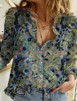 Best Women's Shirt Button Down Tunic Shirt Collar Long Sleeve Hawaiian Maroon Black Pink Graphic Floral Print Casual Vintage Regular Holiday Clothes Women Spring Tops