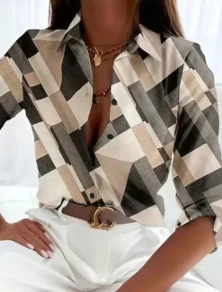 Women's Shirt Button Down Tunic Shirt Collar Long Sleeve Geometric Casual Regular Tops Work Daily s Print Spring Fall Women Blouses & Shirts
