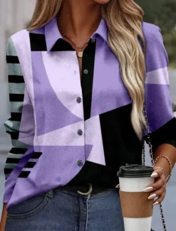New Women's Shirt Button Down Tunic Shirt Collar Long Sleeve Fashion Color Block s Print Regular Tops Casual Pink Blue Purple Green Khaki Spring & Fall Women Blouses & Shirts