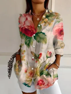 Discount Women's Shirt Button Down Tunic Shirt Collar Long Sleeve Ombre Floral Graphic Vintage Tropical Stylish Regular Tops Work Daily s Print White Pink Red Green Beige Spring Fall Women Blouses & Shirts