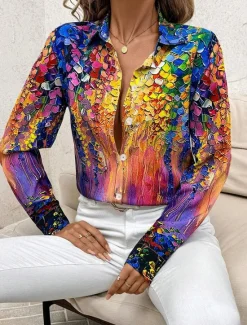 Women's Shirt Button Down Tunic Shirt Collar Long Sleeve Floral Casual Regular Tops Work Daily s Print Pink Red Blue Green Spring Fall Winter Women Spring Tops