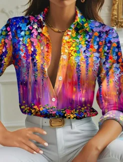 Women's Shirt Button Down Tunic Shirt Collar Long Sleeve Floral Casual Regular Tops Work Daily s Print Pink Red Blue Green Spring Fall Winter Women Spring Tops