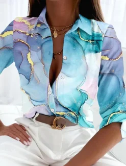 Hot Women's Shirt Button Down Tunic Shirt Collar Long Sleeve Elegant Fashion Daily Abstract s Print Regular Tops Casual Pink Blue Purple Fall & Winter Women Spring Tops