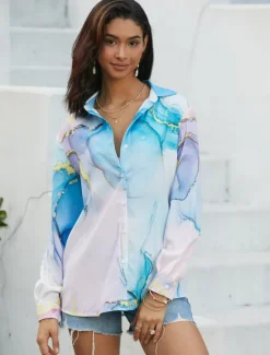 Hot Women's Shirt Button Down Tunic Shirt Collar Long Sleeve Elegant Fashion Daily Abstract s Print Regular Tops Casual Pink Blue Purple Fall & Winter Women Spring Tops