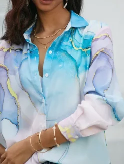 Hot Women's Shirt Button Down Tunic Shirt Collar Long Sleeve Elegant Fashion Daily Abstract s Print Regular Tops Casual Pink Blue Purple Fall & Winter Women Spring Tops