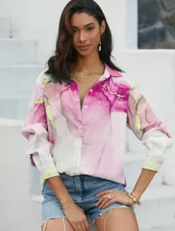 Hot Women's Shirt Button Down Tunic Shirt Collar Long Sleeve Elegant Fashion Daily Abstract s Print Regular Tops Casual Pink Blue Purple Fall & Winter Women Spring Tops