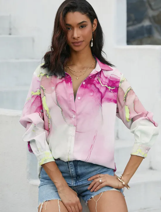 Hot Women's Shirt Button Down Tunic Shirt Collar Long Sleeve Elegant Fashion Daily Abstract s Print Regular Tops Casual Pink Blue Purple Fall & Winter Women Spring Tops