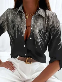 Sale Women's Shirt Button Down Tunic Shirt Collar Long Sleeve Basic s Print Regular Tops Casual Daily Spring Fall Women Blouses & Shirts