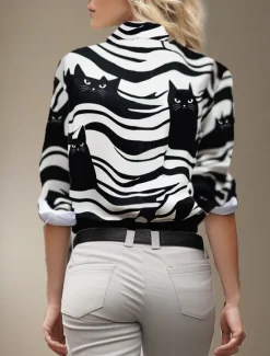 Best Women's Shirt Button Down Tunic Shirt Collar Long Sleeve Cat Striped Elegant Stylish Modern Regular Tops Work Print Spring Fall Winter Women Blouses & Shirts