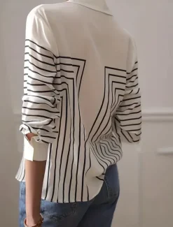 Best Women's Shirt Button Down Tunic Shirt Collar Long Sleeve Striped Casual Regular Tops Work Daily s Print Black Red Spring Fall Winter Women Blouses & Shirts