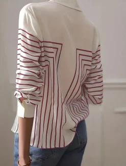 Best Women's Shirt Button Down Tunic Shirt Collar Long Sleeve Striped Casual Regular Tops Work Daily s Print Black Red Spring Fall Winter Women Blouses & Shirts
