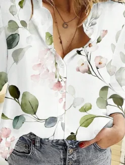 New Women's Shirt Button Down Tunic Shirt Collar Long Sleeve Floral Daily Stylish Long Tops Daily s Print Spring Fall Women Blouses & Shirts