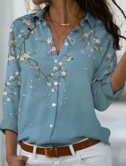Clearance Women's Shirt Button Down Tunic Shirt Collar Long Sleeve Floral Print Green Purple Blue Casual Holiday Elegant Fashion Spring Summer Women Blouses & Shirts
